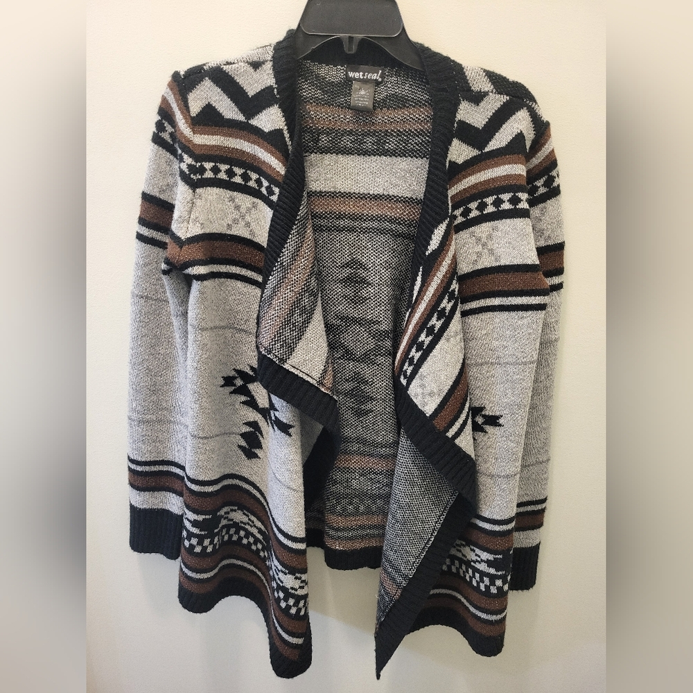 Wet Seal Women's Gray Black Tribal Open Front Cardigan Sweater Large Warm Winter
